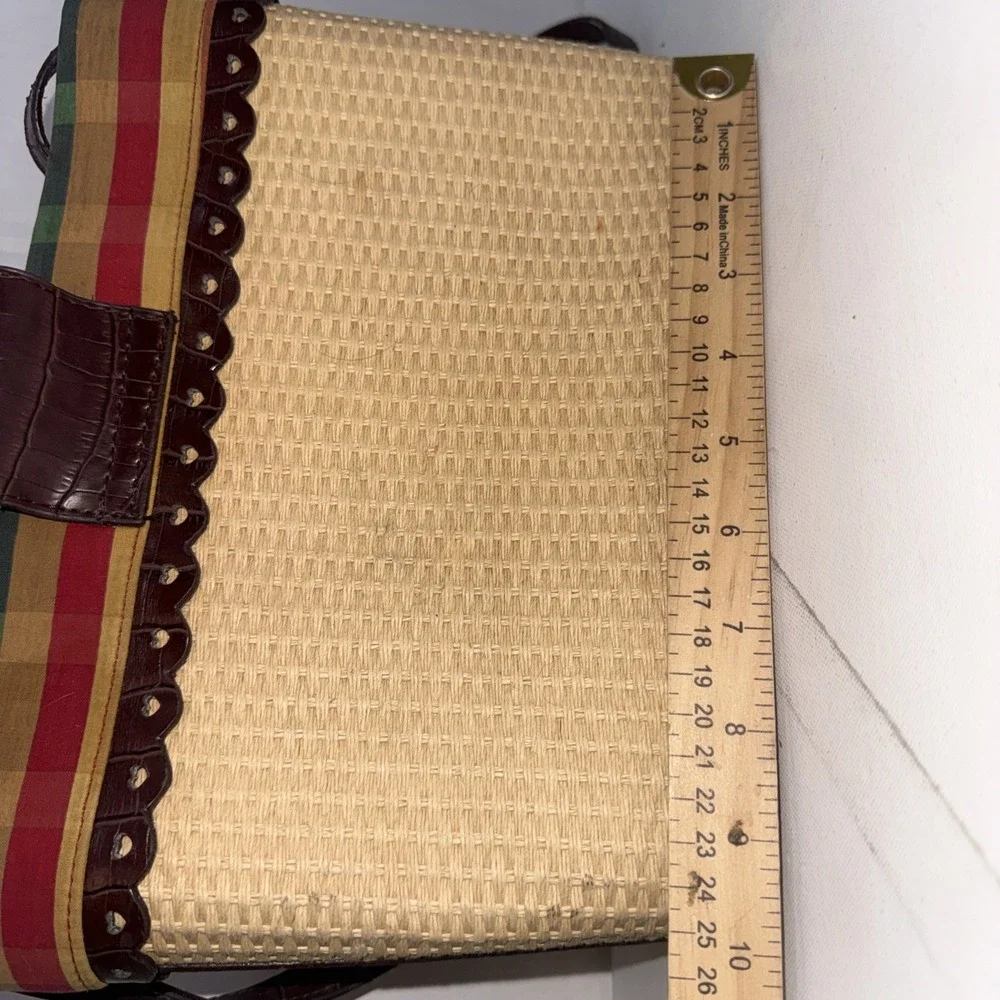 Vintage Brighton Style Y2K Handbag Brown Leather Hearts Trim Plaid Straw Purse